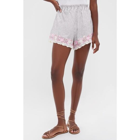 TUCKERNUCK Tan Stripe Embroidered Floral Linen Kali Short Size M NWT